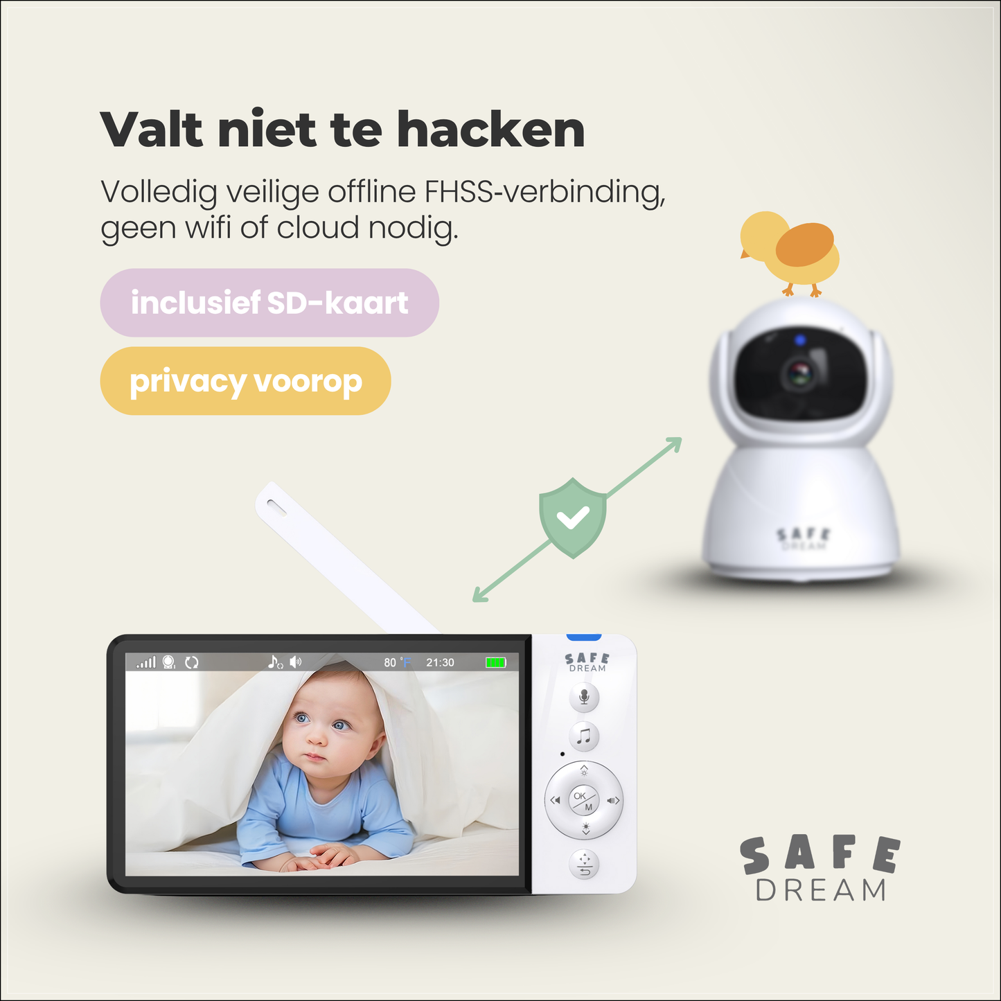 SafeDream - 355 babyfoon met camera - Nachtzicht & Zoom - Tot 30u Batterij