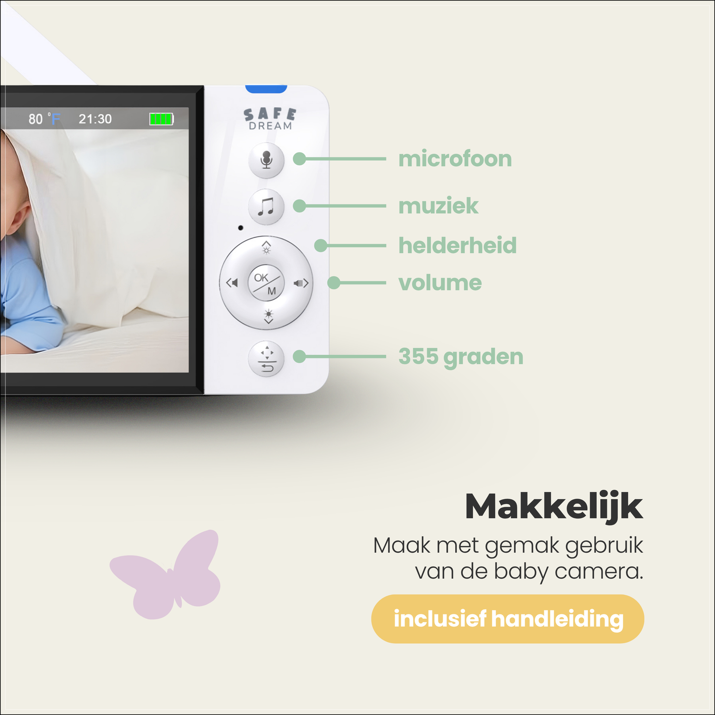 SafeDream - 355 babyfoon met camera - Nachtzicht & Zoom - Tot 30u Batterij