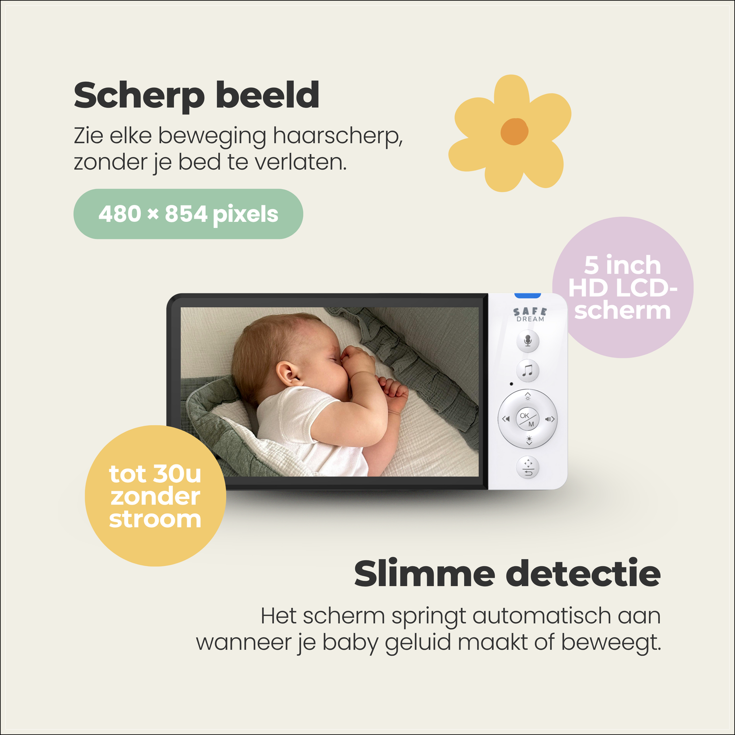 SafeDream - 355 babyfoon met camera - Nachtzicht & Zoom - Tot 30u Batterij