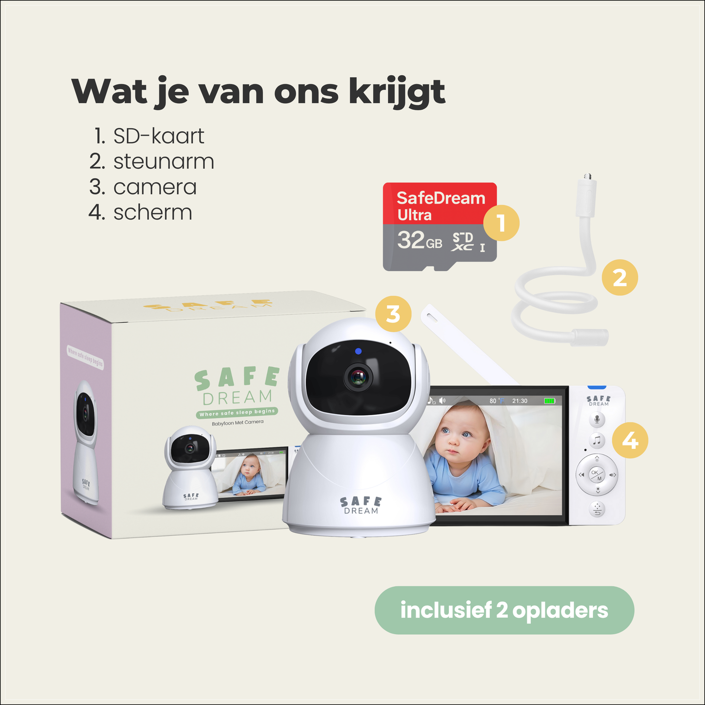 SafeDream - 355 babyfoon met camera - Nachtzicht & Zoom - Tot 30u Batterij